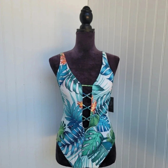 $114 Vince Camuto One Piece Swimsuit 12 Tropical Plunging Neck Criss Cross Open - Picture 1 of 13